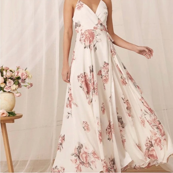 Lulus Dresses & Skirts - Lulu's White Floral Wrap Maxi Dress with Dusty Rose Print